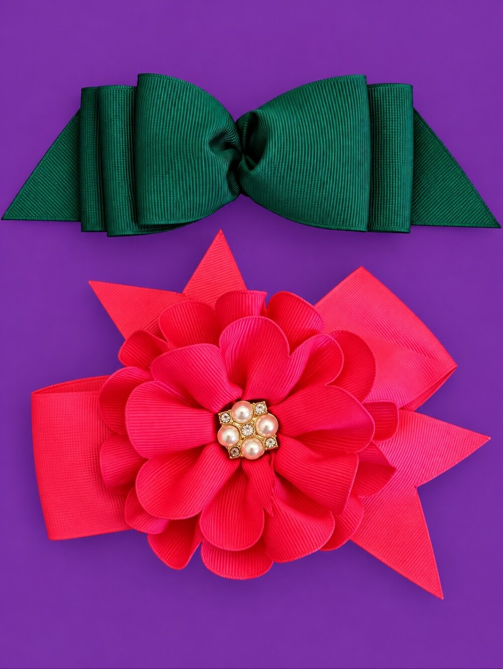 Vintage Hot Pink Forest Green Ribbon Floral Coquette Hair Bow Barrettes